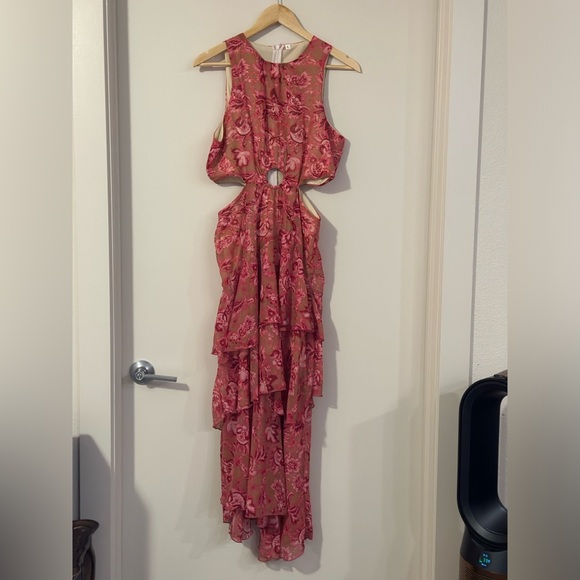 Large Summer Dress Random Floral Print Ring Linked Cut Out Layered Hem Chiffon - Picture 5 of 9